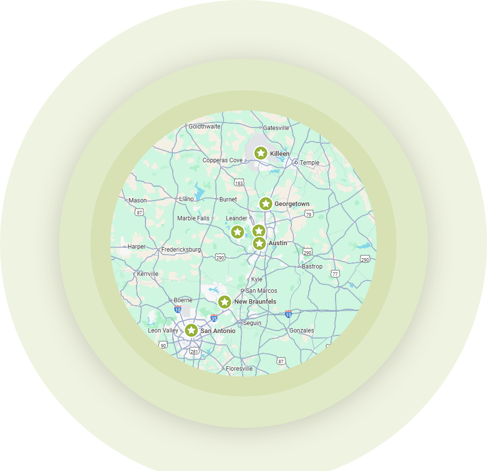 A service area map showing the service areas of Wild Oak Tree Service